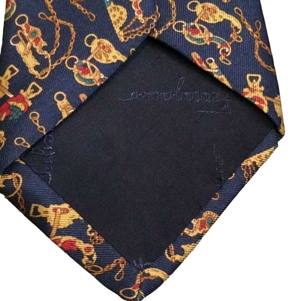 Salvatore Ferragamo Blue Gold Horse Bit Silk Tie Made in Italy Designer Preppy - Picture 6 of 10